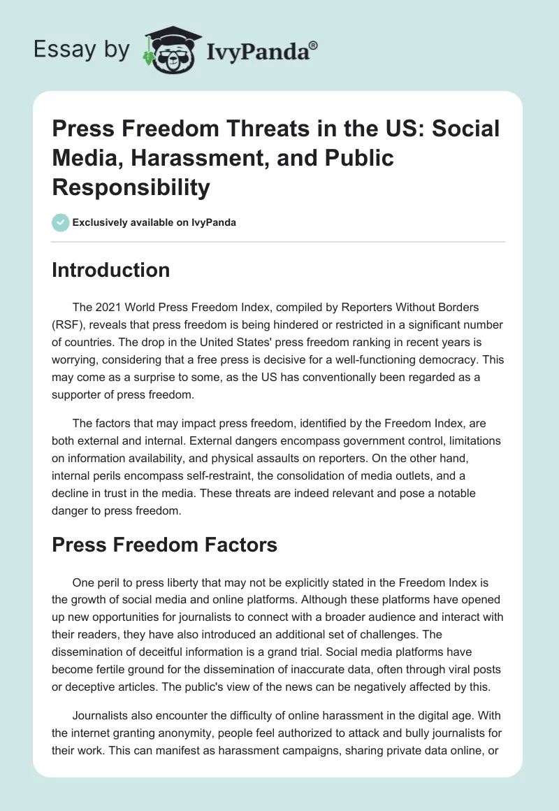 Press Freedom Threats in the US: Social Media, Harassment, and Public Responsibility. Page 1