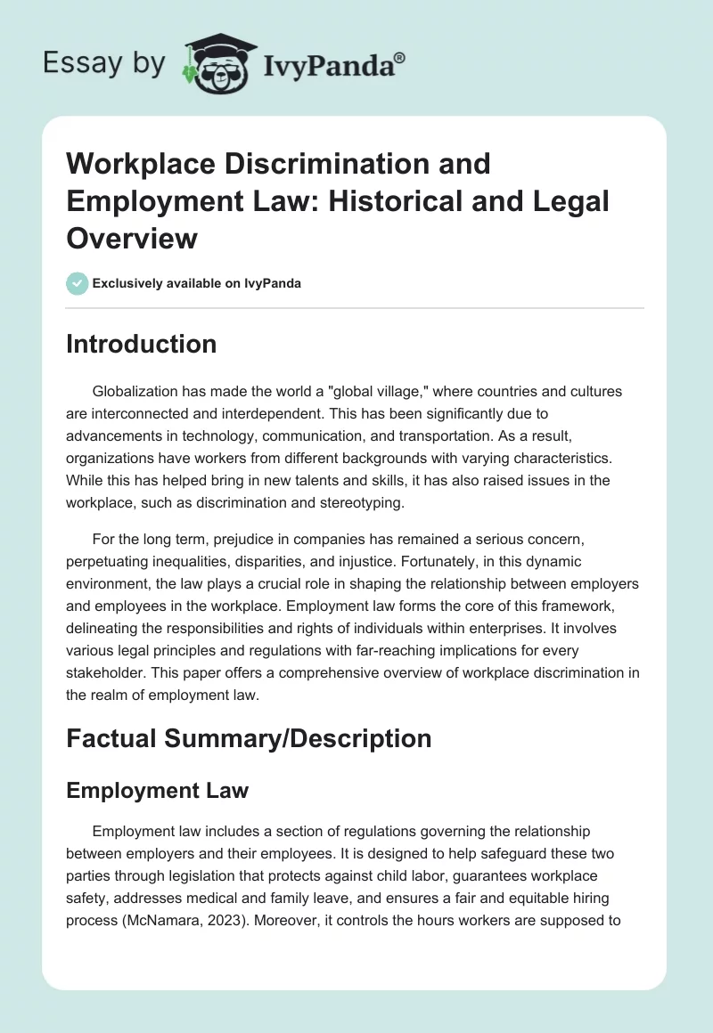Workplace Discrimination and Employment Law: Historical and Legal Overview. Page 1