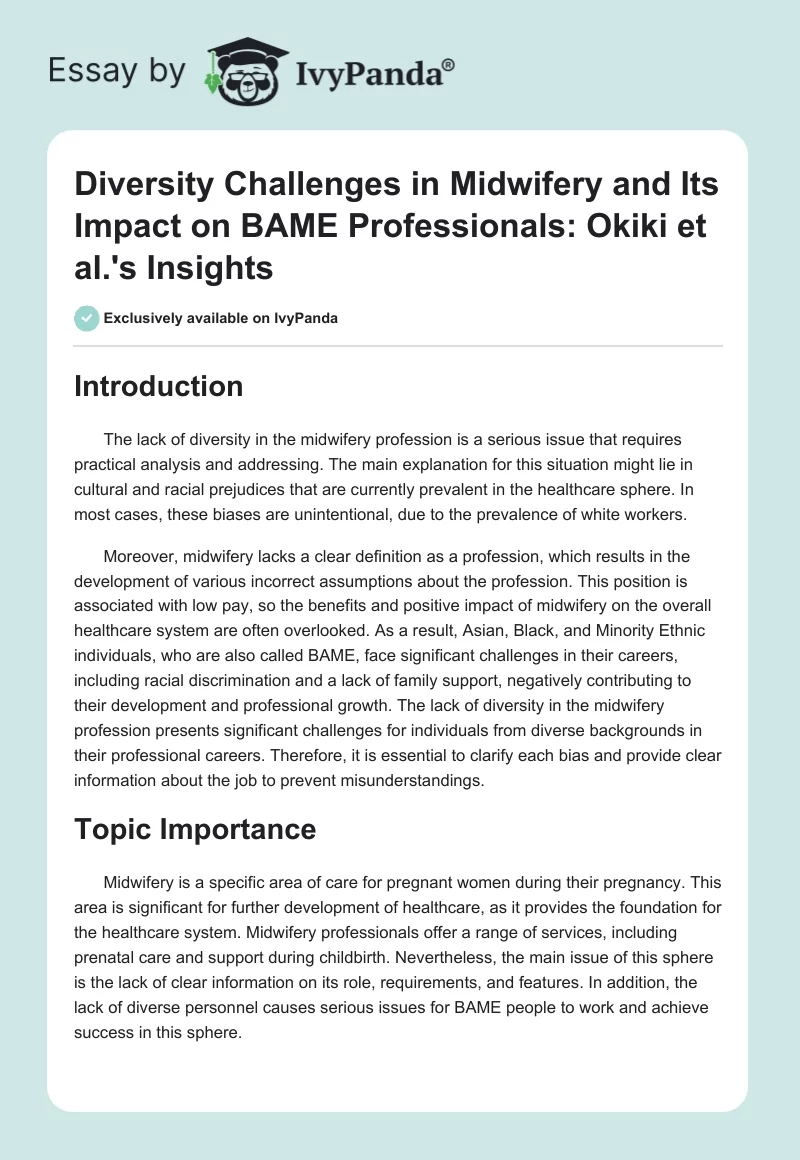Diversity Challenges in Midwifery and Its Impact on BAME Professionals: Okiki et al.'s Insights. Page 1