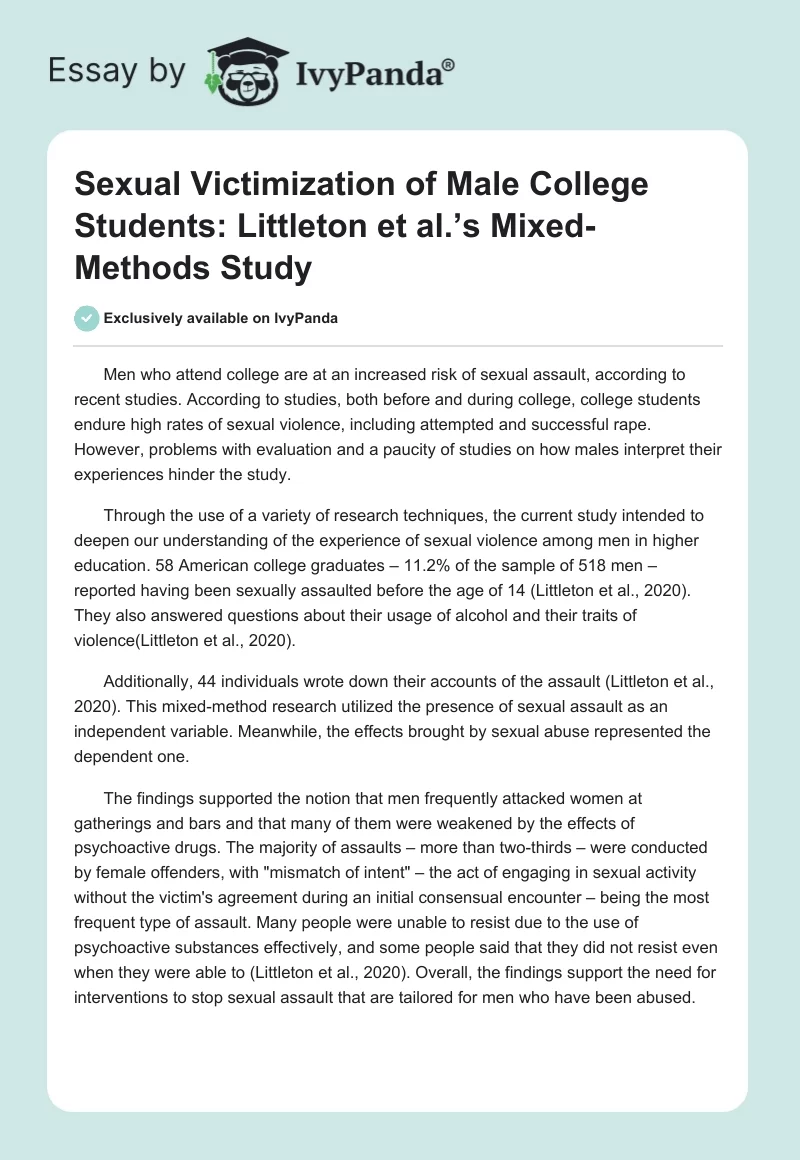 Sexual Victimization of Male College Students: Littleton et al.’s Mixed-Methods Study. Page 1
