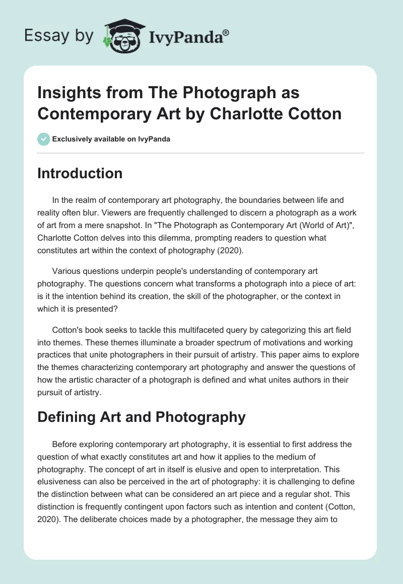 Insights from "The Photograph as Contemporary Art" by Charlotte Cotton. Page 1