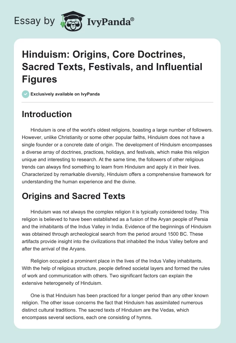 Hinduism: Origins, Core Doctrines, Sacred Texts, Festivals, and Influential Figures. Page 1