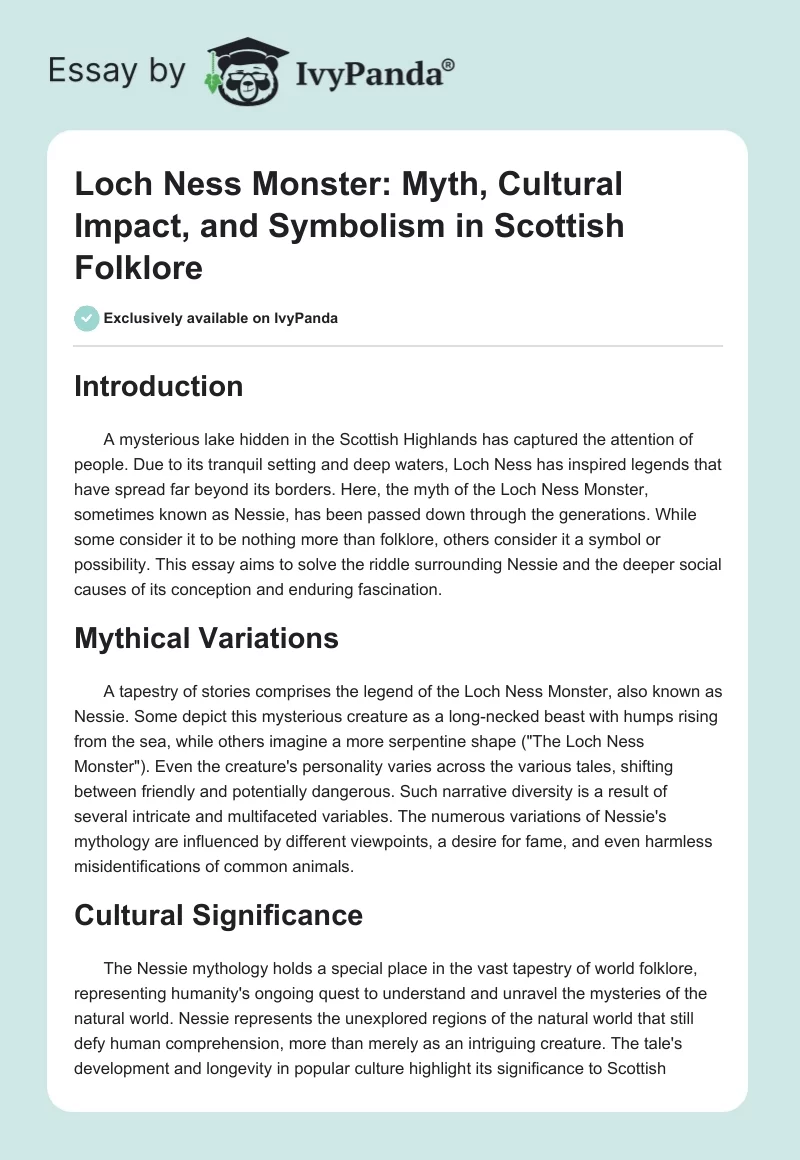 Loch Ness Monster: Myth, Cultural Impact, and Symbolism in Scottish Folklore. Page 1