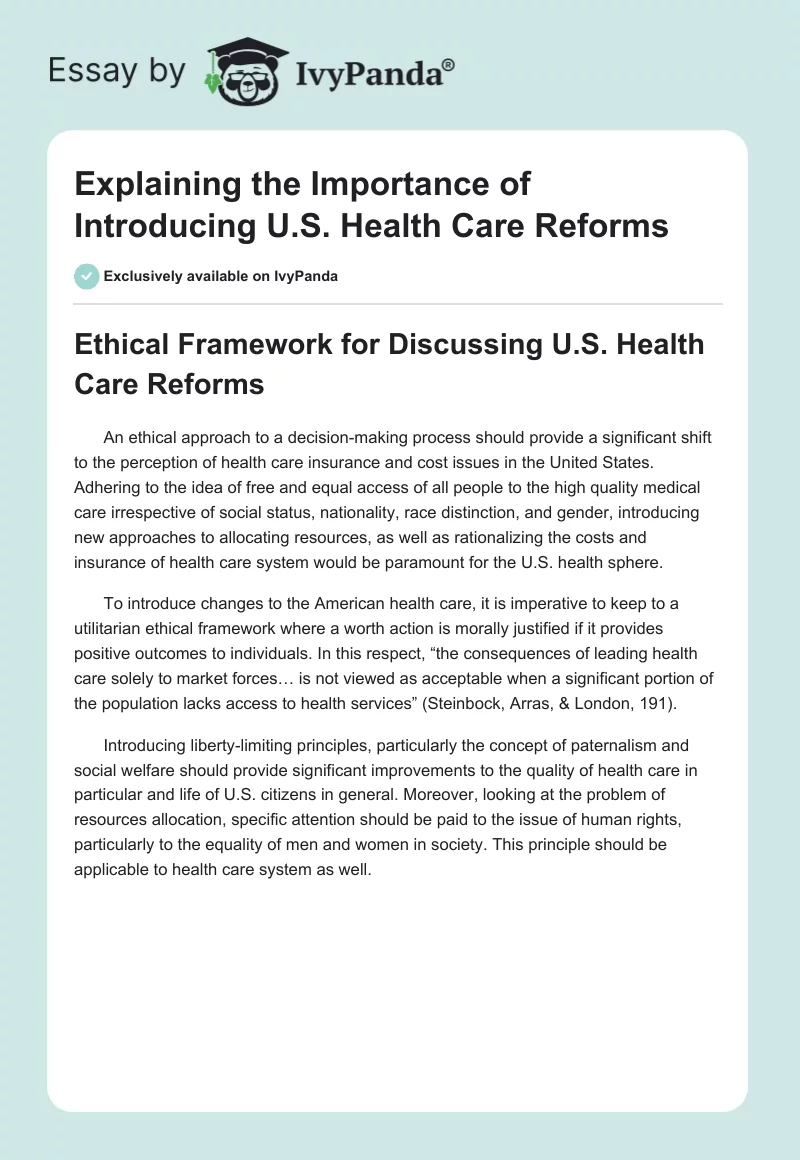 Explaining the Importance of Introducing U.S. Health Care Reforms. Page 1