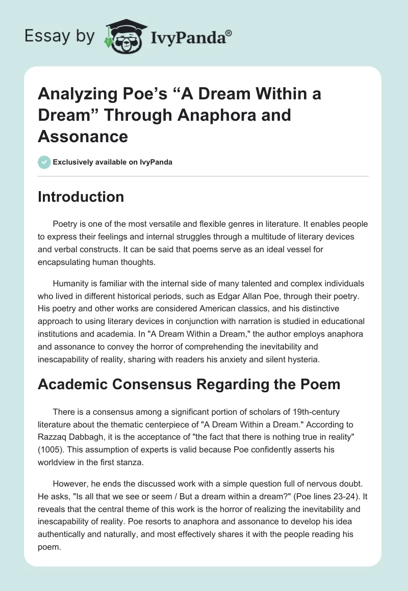 Analyzing Poe’s “A Dream Within a Dream” Through Anaphora and Assonance. Page 1