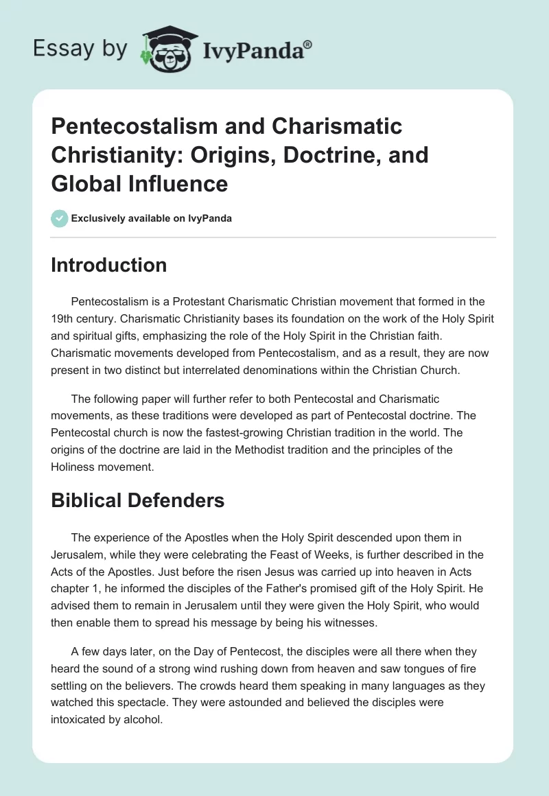 Pentecostalism and Charismatic Christianity: Origins, Doctrine, and Global Influence. Page 1