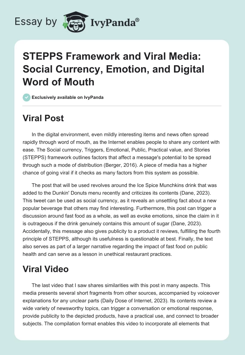 STEPPS Framework and Viral Media: Social Currency, Emotion, and Digital Word of Mouth. Page 1