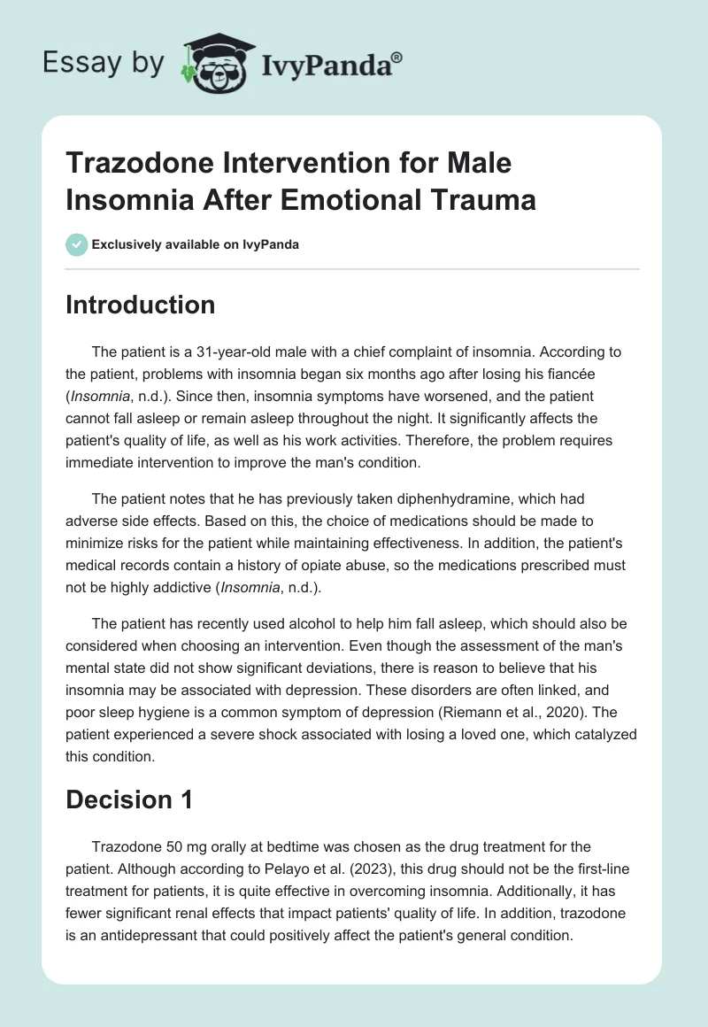 Trazodone Intervention for Male Insomnia After Emotional Trauma. Page 1