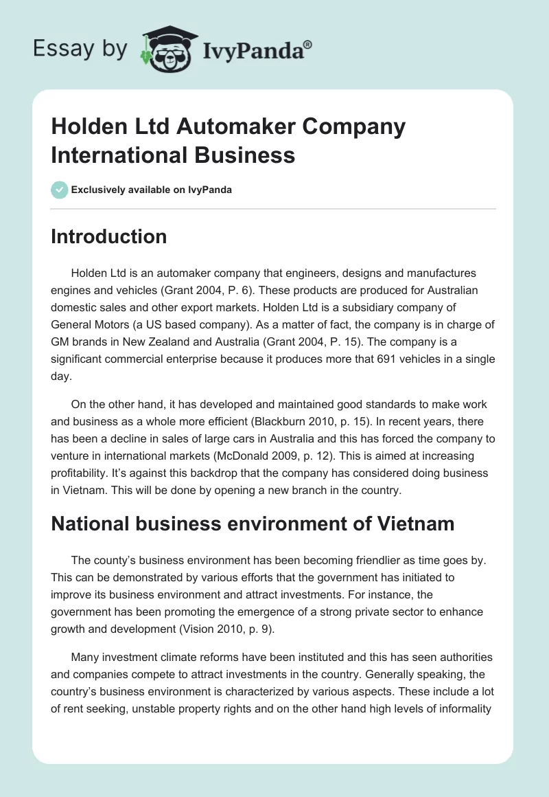 Holden Ltd Automaker Company International Business. Page 1