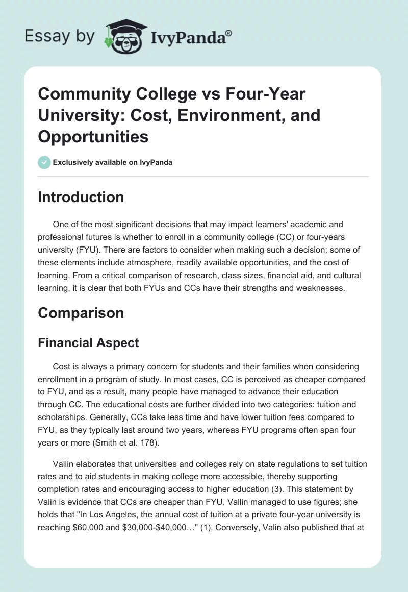 Community College vs Four-Year University: Cost, Environment, and Opportunities. Page 1