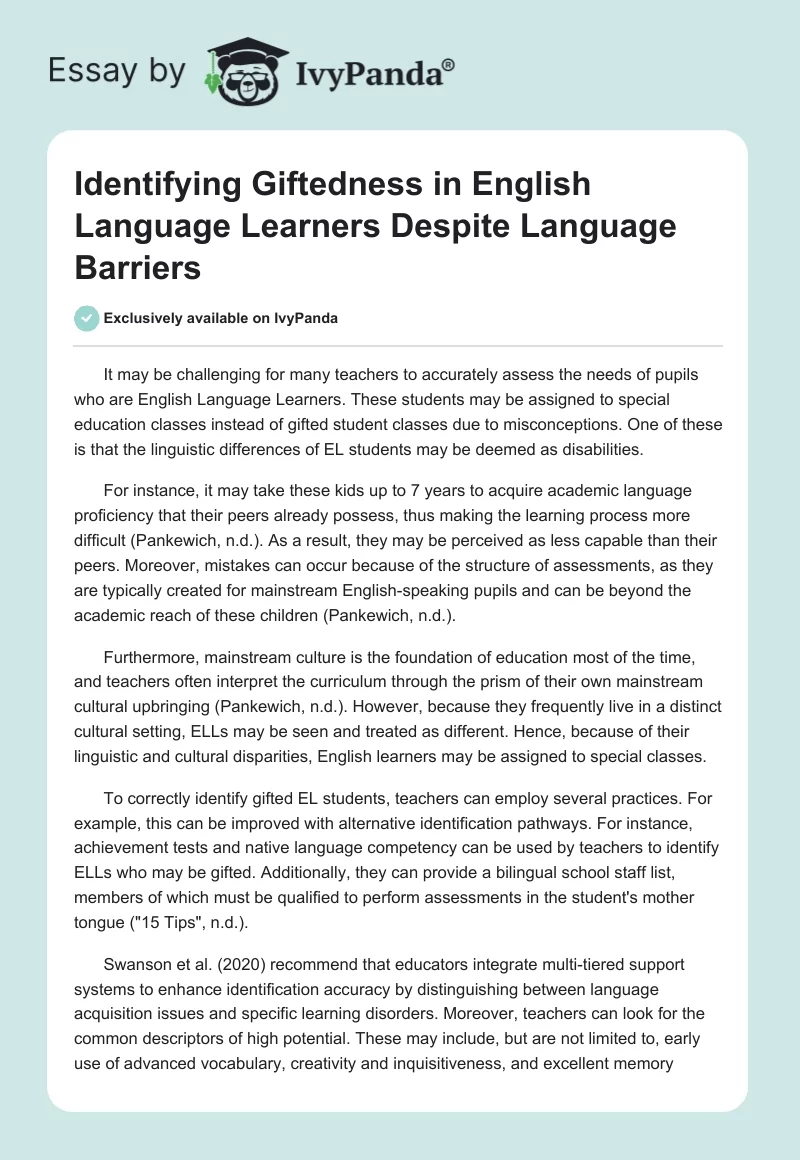 Identifying Giftedness in English Language Learners Despite Language Barriers. Page 1