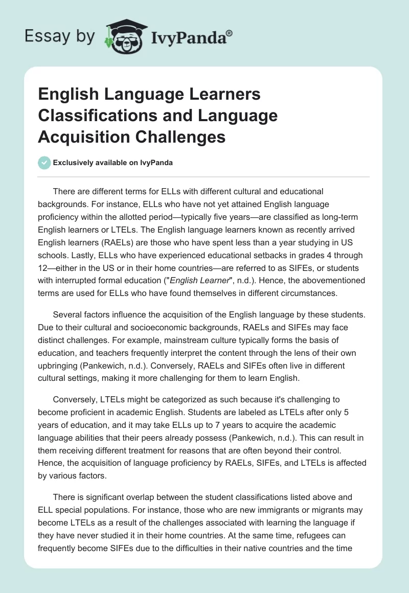 English Language Learners Classifications and Language Acquisition Challenges. Page 1