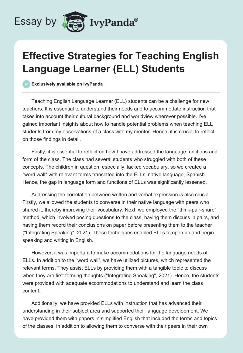 Effective Strategies for Teaching English Language Learner (ELL) Students. Page 1