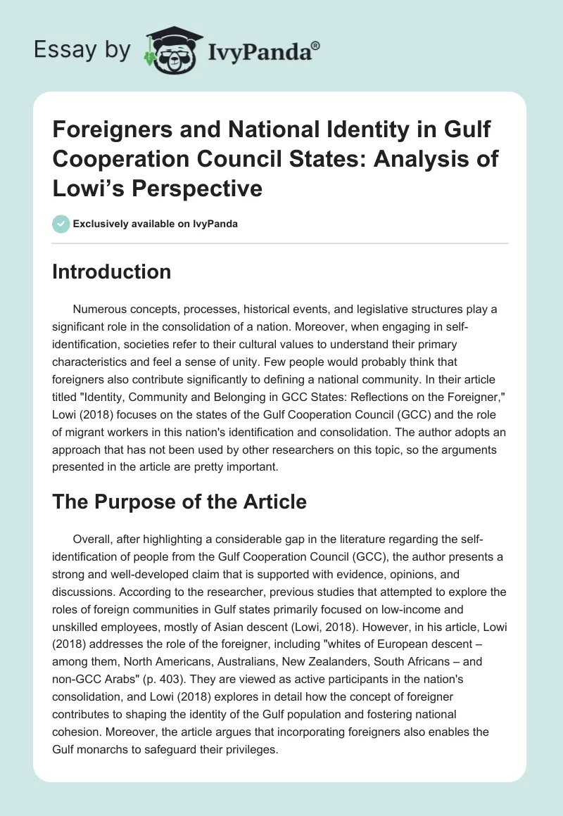 Foreigners and National Identity in Gulf Cooperation Council States: Analysis of Lowi’s Perspective. Page 1