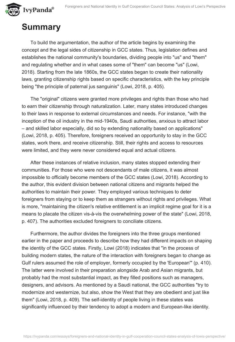 Foreigners and National Identity in Gulf Cooperation Council States: Analysis of Lowi’s Perspective. Page 2