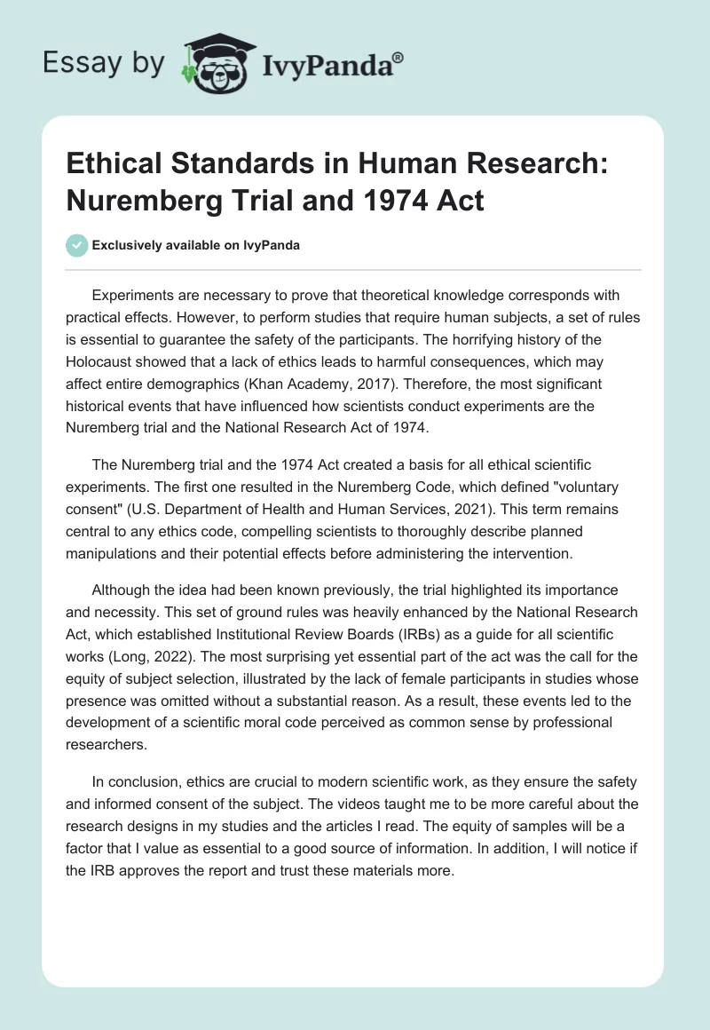 Ethical Standards in Human Research: Nuremberg Trial and 1974 Act. Page 1