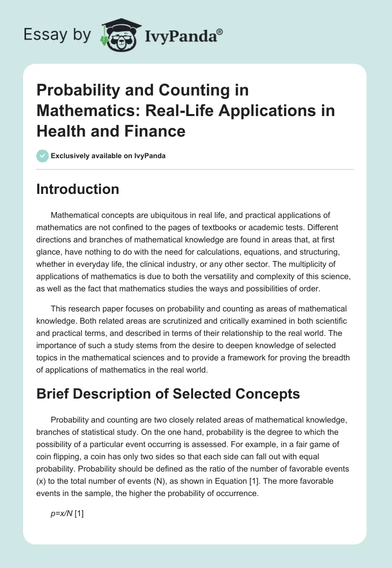 Probability and Counting in Mathematics: Real-Life Applications in Health and Finance. Page 1