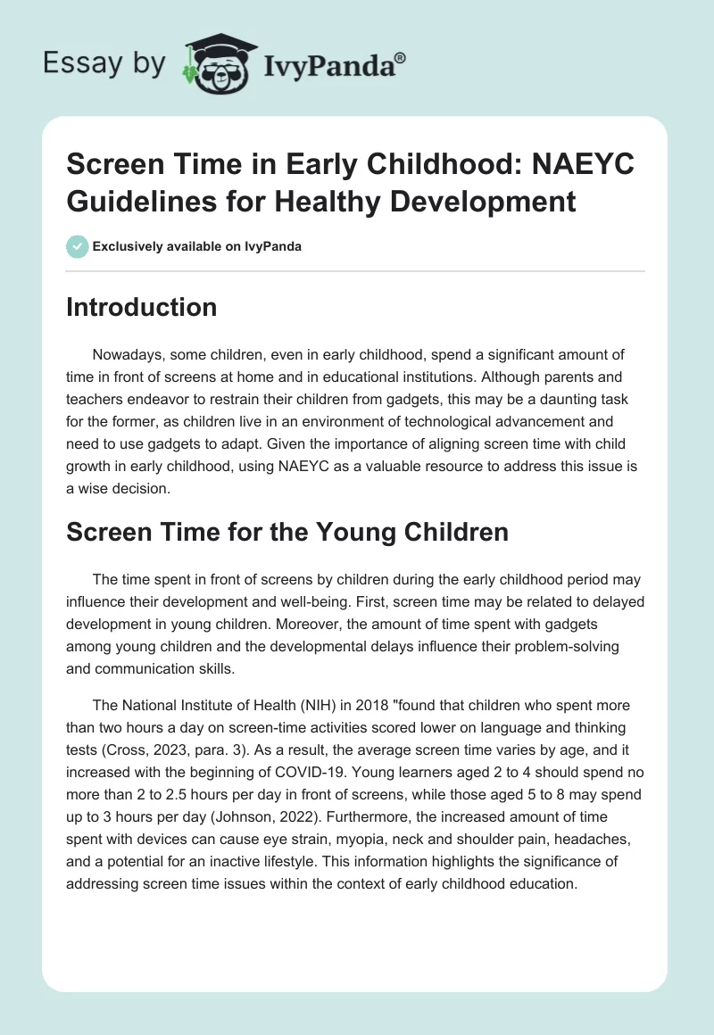 Screen Time in Early Childhood: NAEYC Guidelines for Healthy Development. Page 1