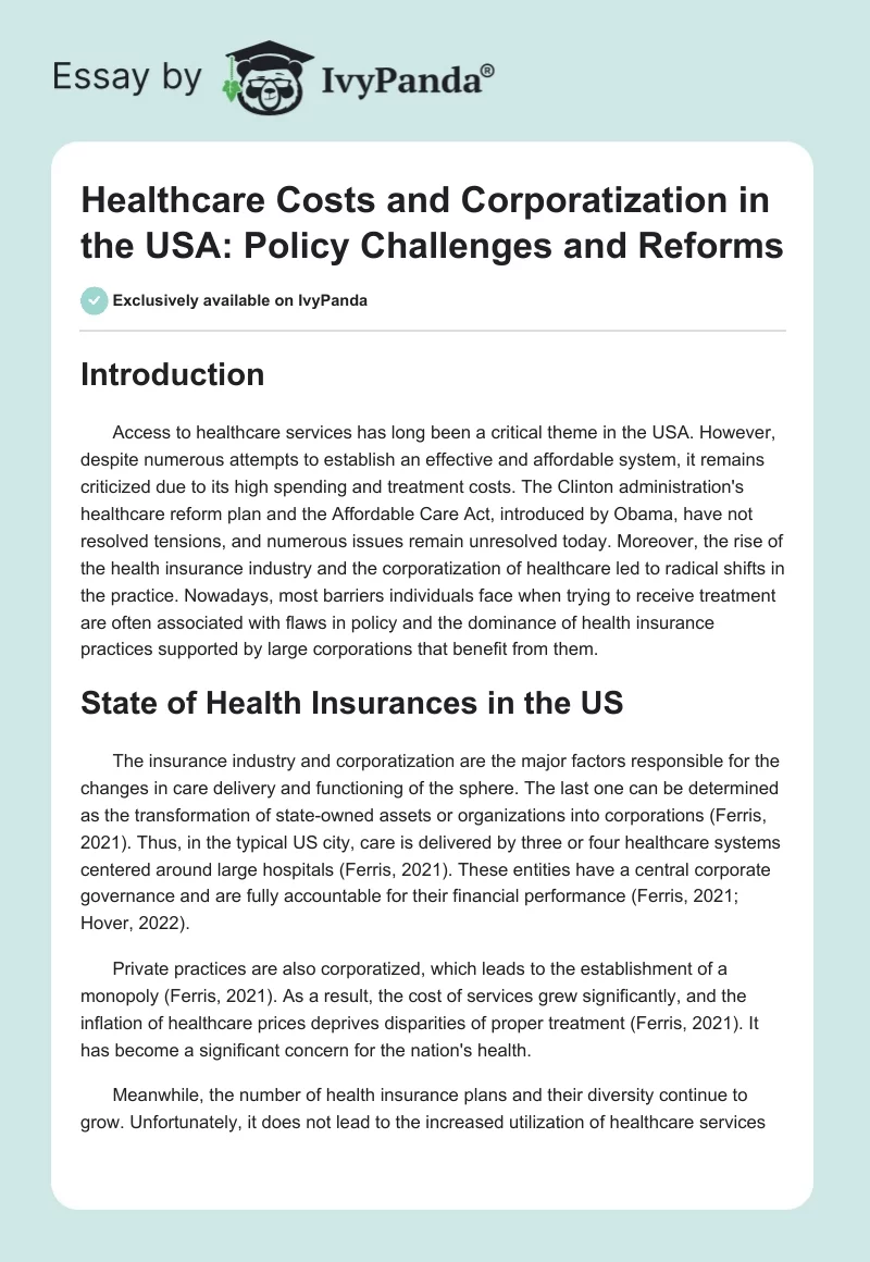 Healthcare Costs and Corporatization in the USA: Policy Challenges and Reforms. Page 1