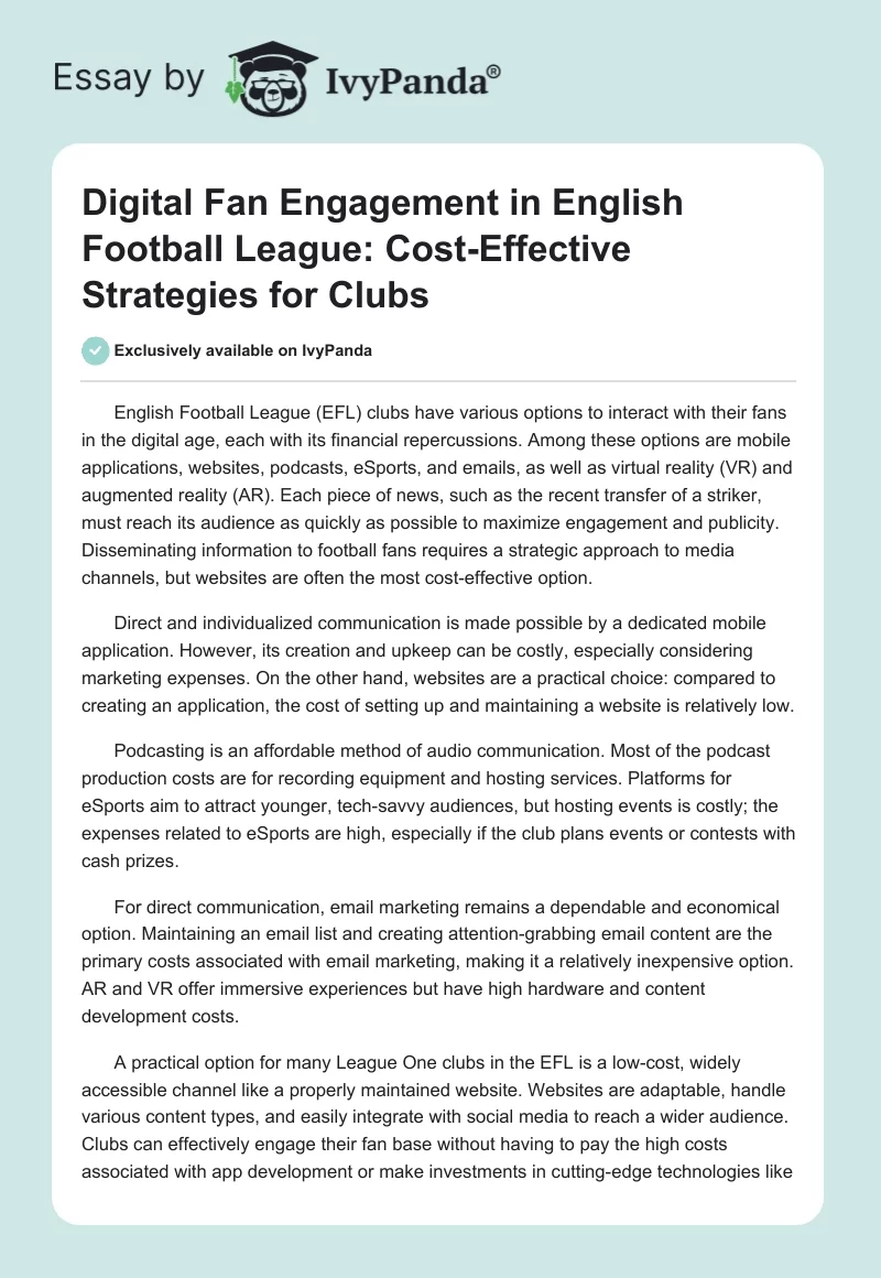 Digital Fan Engagement in English Football League: Cost-Effective Strategies for Clubs. Page 1