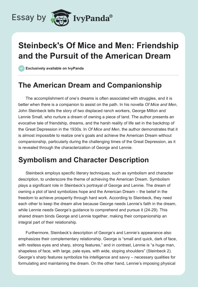 Steinbeck's "Of Mice and Men": Friendship and the Pursuit of the American Dream. Page 1