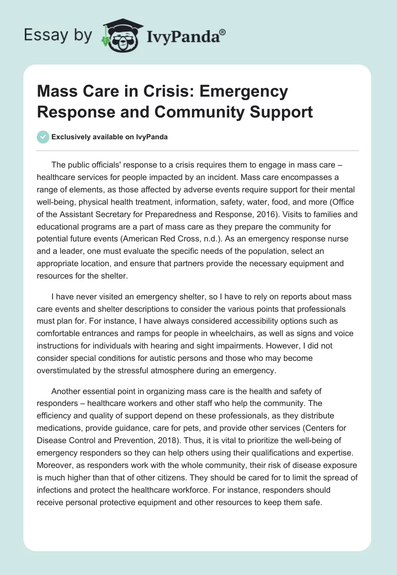 Mass Care in Crisis: Emergency Response and Community Support. Page 1