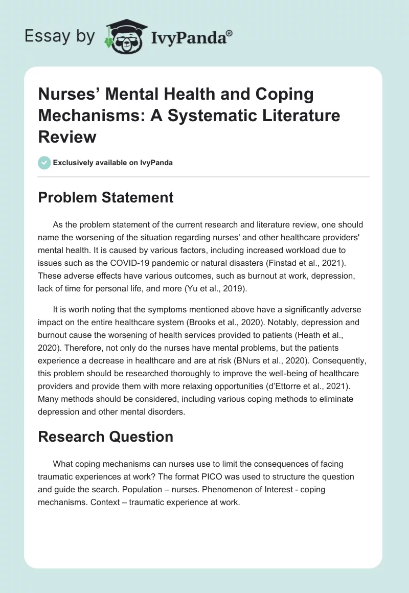 Nurses’ Mental Health and Coping Mechanisms: A Systematic Literature Review. Page 1