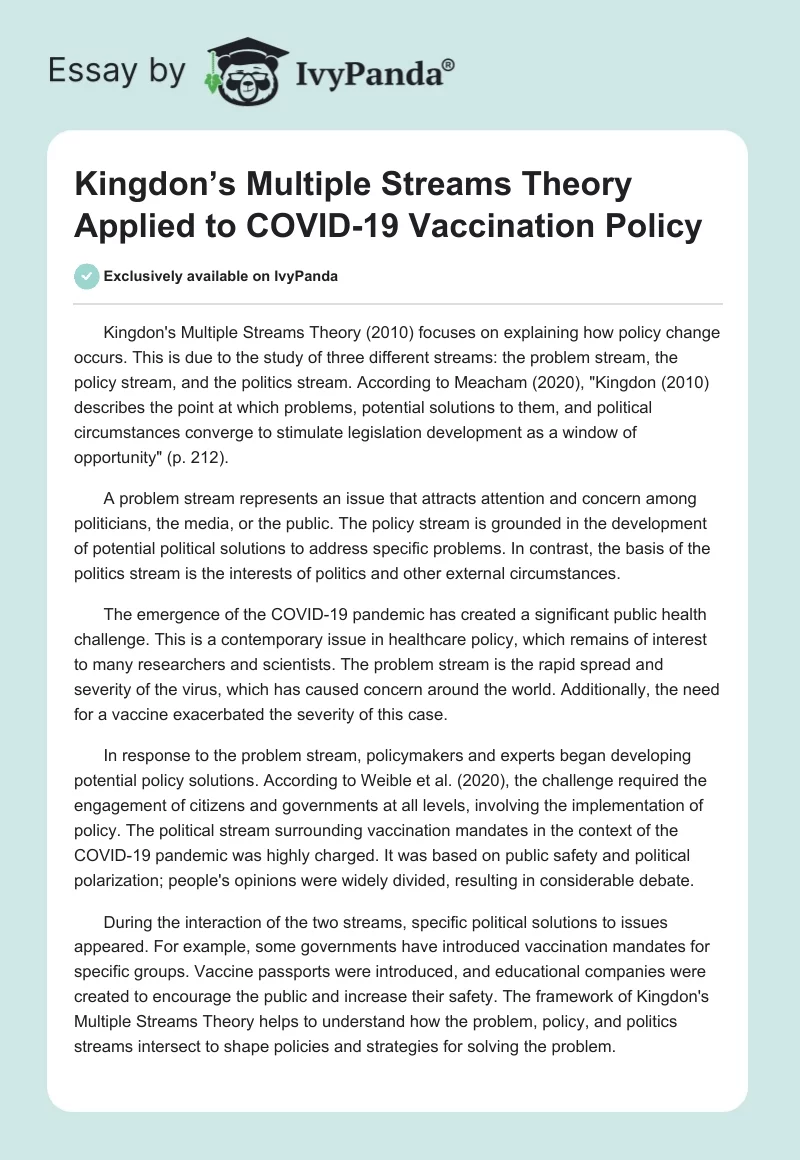 Kingdon’s Multiple Streams Theory Applied to COVID-19 Vaccination Policy. Page 1