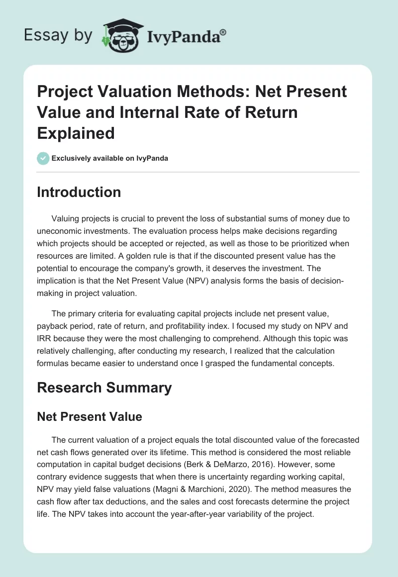 Project Valuation Methods: Net Present Value and Internal Rate of Return Explained. Page 1