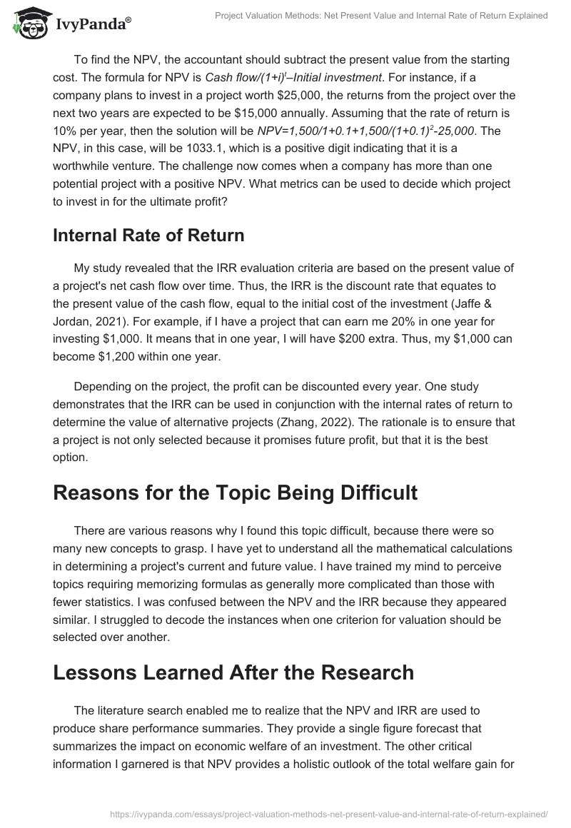 Project Valuation Methods: Net Present Value and Internal Rate of Return Explained. Page 2