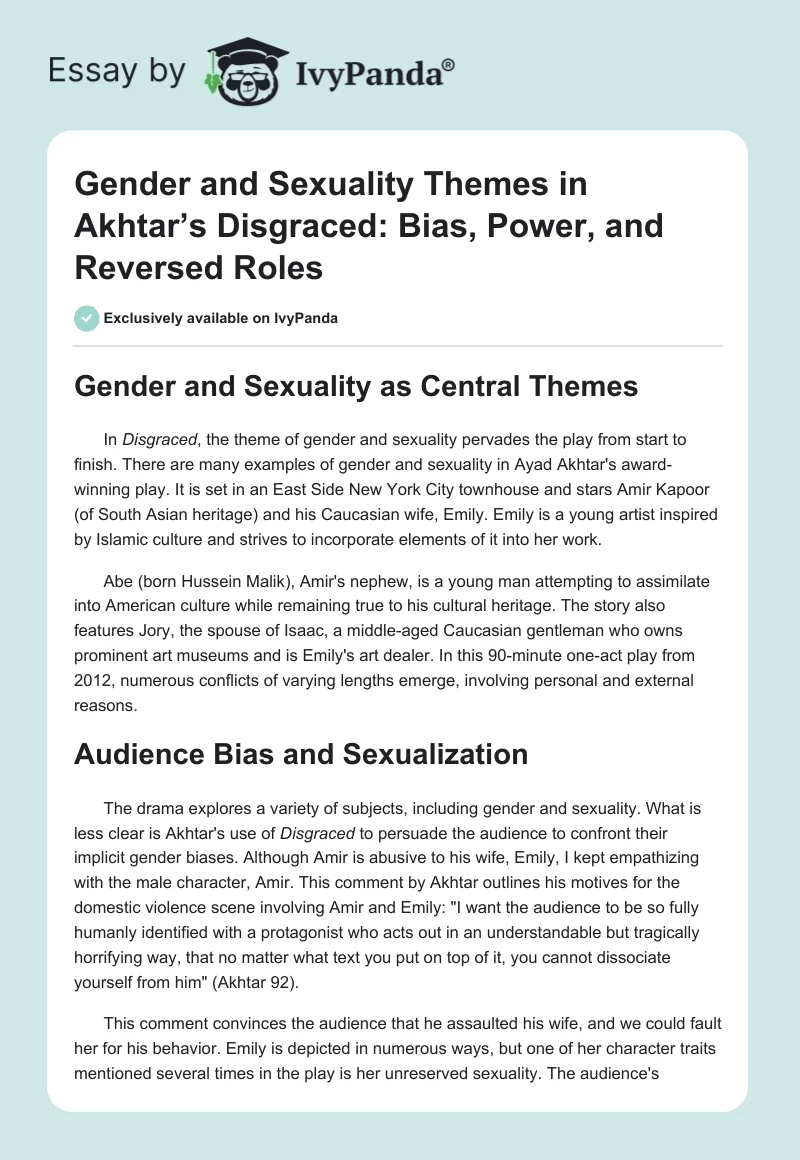 Gender and Sexuality Themes in Akhtar’s "Disgraced": Bias, Power, and Reversed Roles. Page 1