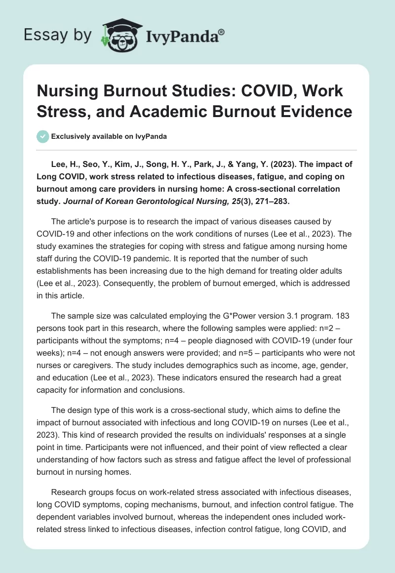 Nursing Burnout Studies: COVID, Work Stress, and Academic Burnout Evidence. Page 1