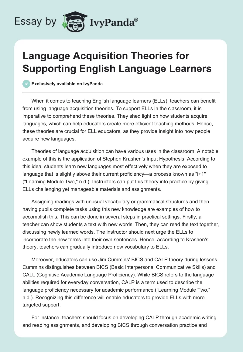 Language Acquisition Theories for Supporting English Language Learners. Page 1