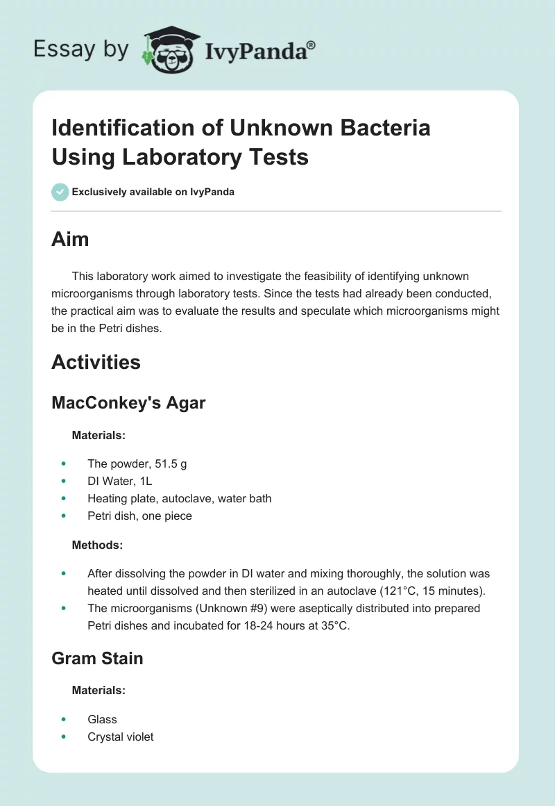 Identification of Unknown Bacteria Using Laboratory Tests. Page 1
