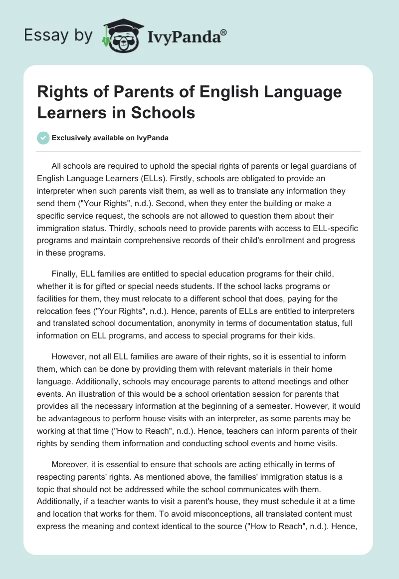 Rights of Parents of English Language Learners in Schools. Page 1