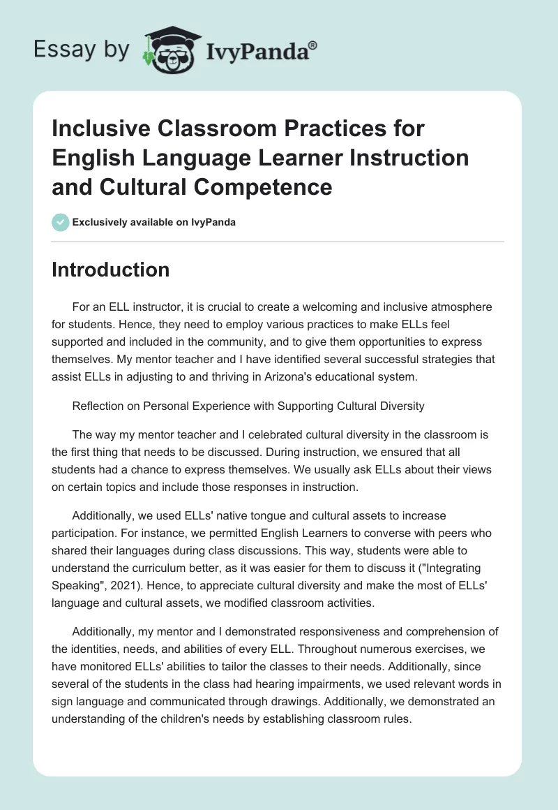 Inclusive Classroom Practices for English Language Learner Instruction and Cultural Competence. Page 1