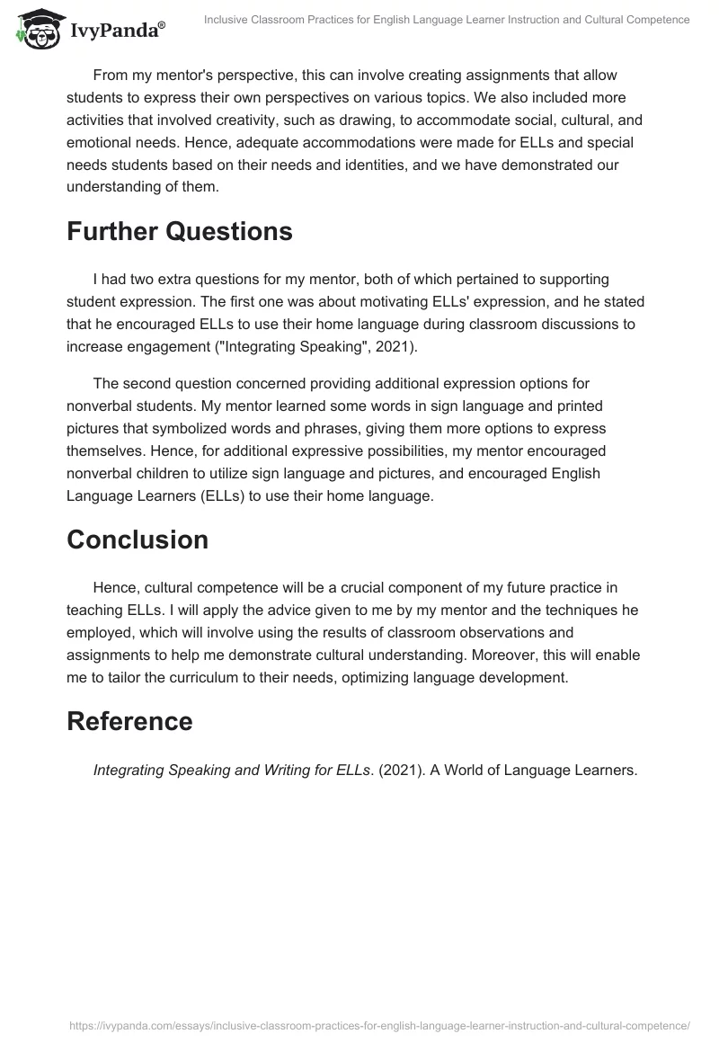 Inclusive Classroom Practices for English Language Learner Instruction and Cultural Competence. Page 2
