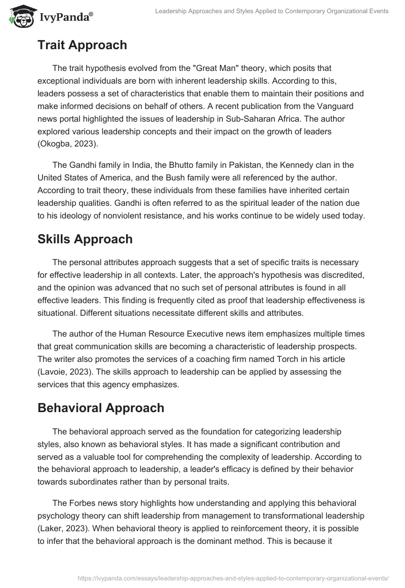Leadership Approaches and Styles Applied to Contemporary Organizational Events. Page 2