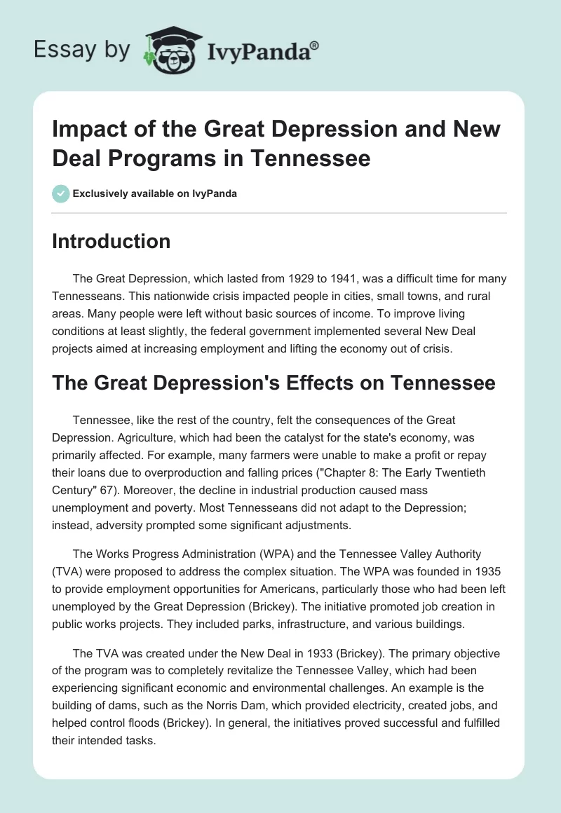 Impact of the Great Depression and New Deal Programs in Tennessee. Page 1