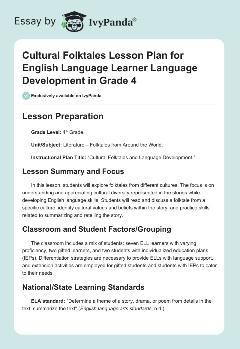 Cultural Folktales Lesson Plan for English Language Learner Language Development in Grade 4. Page 1