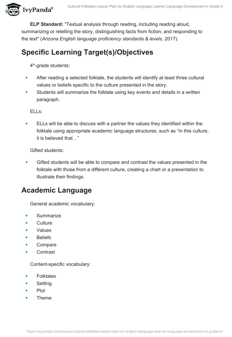 Cultural Folktales Lesson Plan for English Language Learner Language Development in Grade 4. Page 2