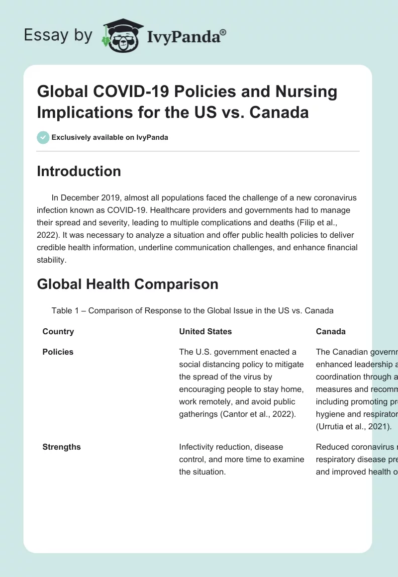 Global COVID-19 Policies and Nursing Implications for the US vs. Canada. Page 1