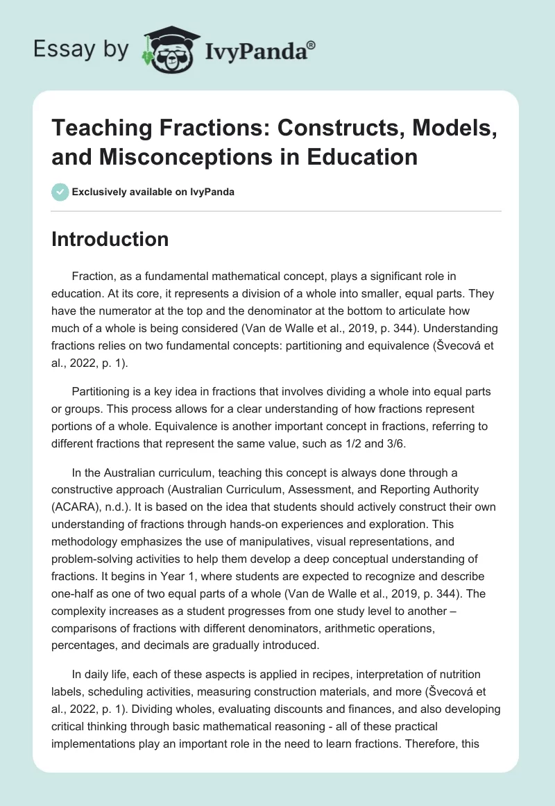Teaching Fractions: Constructs, Models, and Misconceptions in Education. Page 1