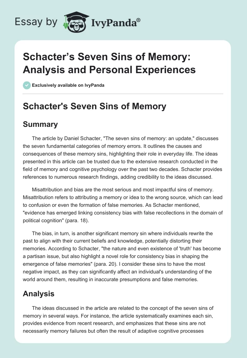 Schacter’s Seven Sins of Memory: Analysis and Personal Experiences. Page 1