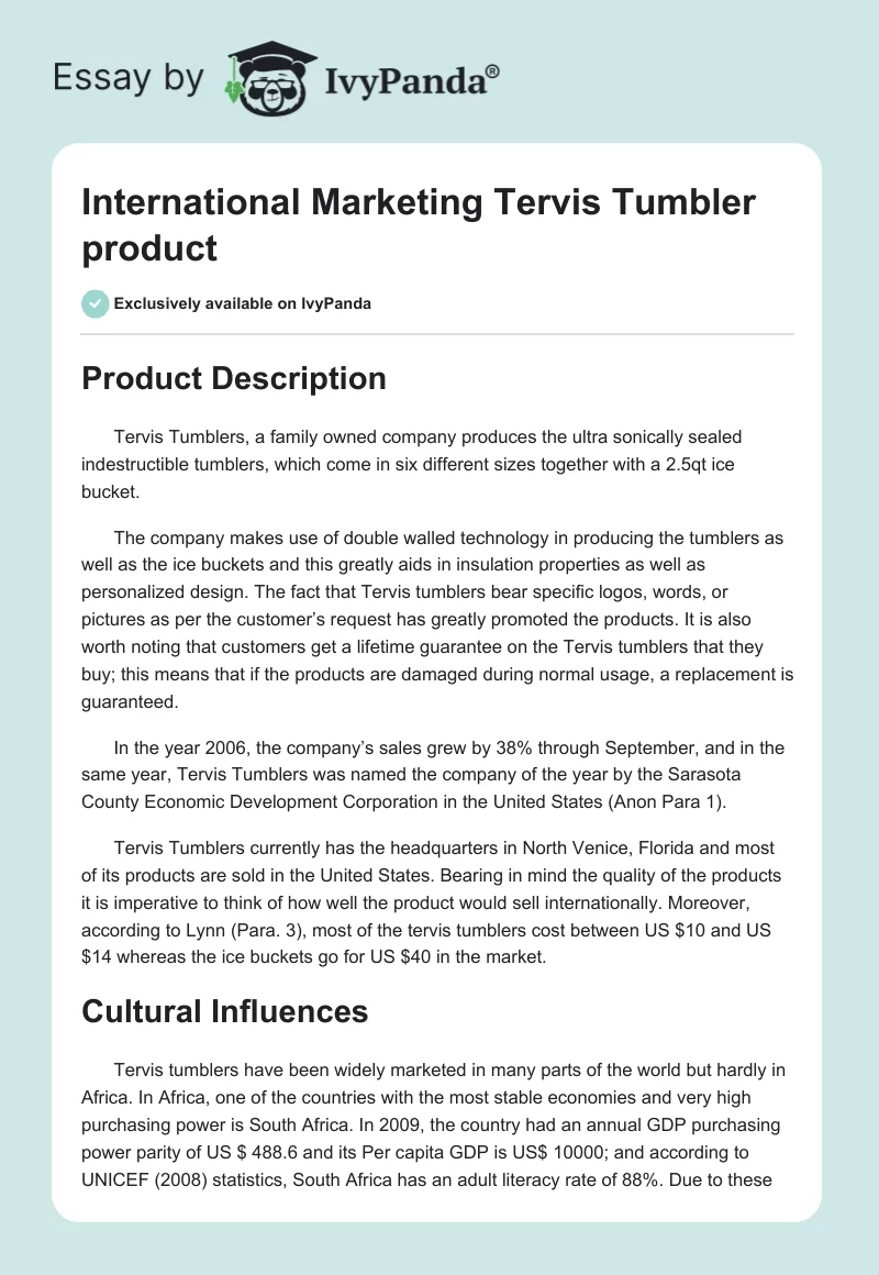 International Marketing Tervis Tumbler product. Page 1