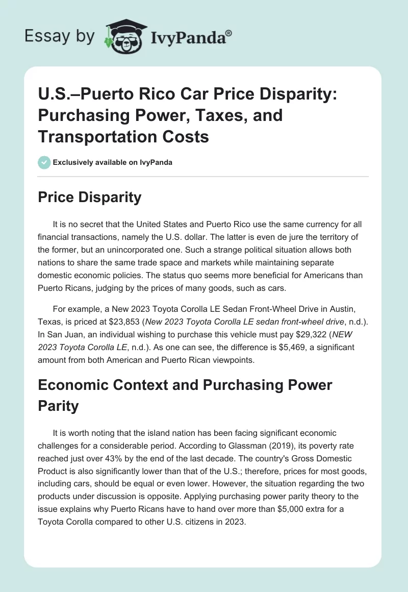 U.S.–Puerto Rico Car Price Disparity: Purchasing Power, Taxes, and Transportation Costs. Page 1
