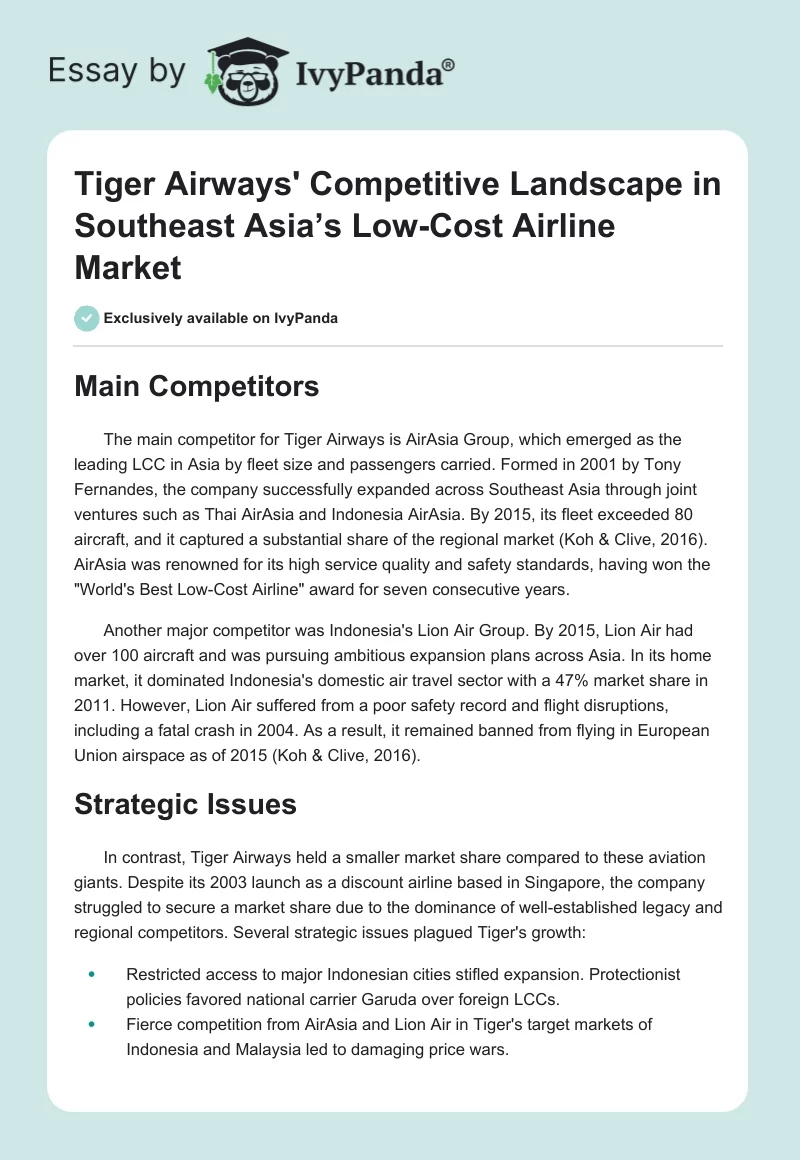 Tiger Airways' Competitive Landscape in Southeast Asia’s Low-Cost Airline Market. Page 1