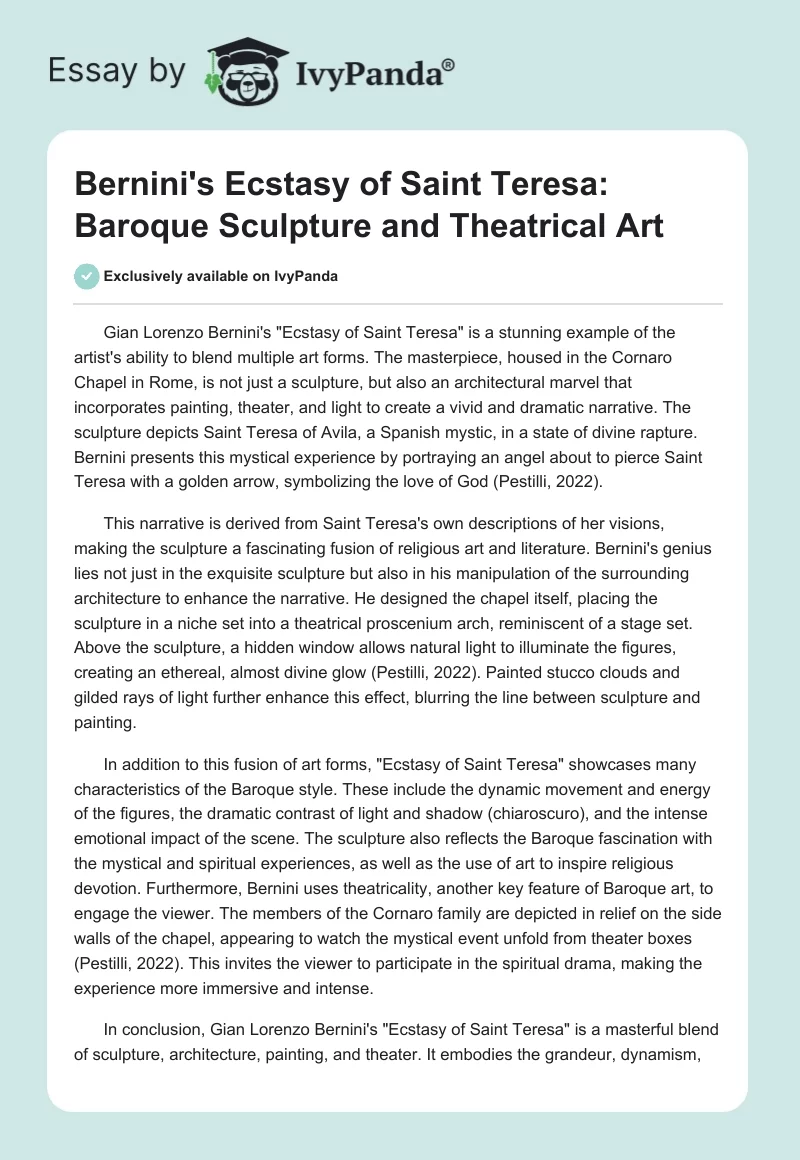 Bernini's "Ecstasy of Saint Teresa": Baroque Sculpture and Theatrical Art. Page 1