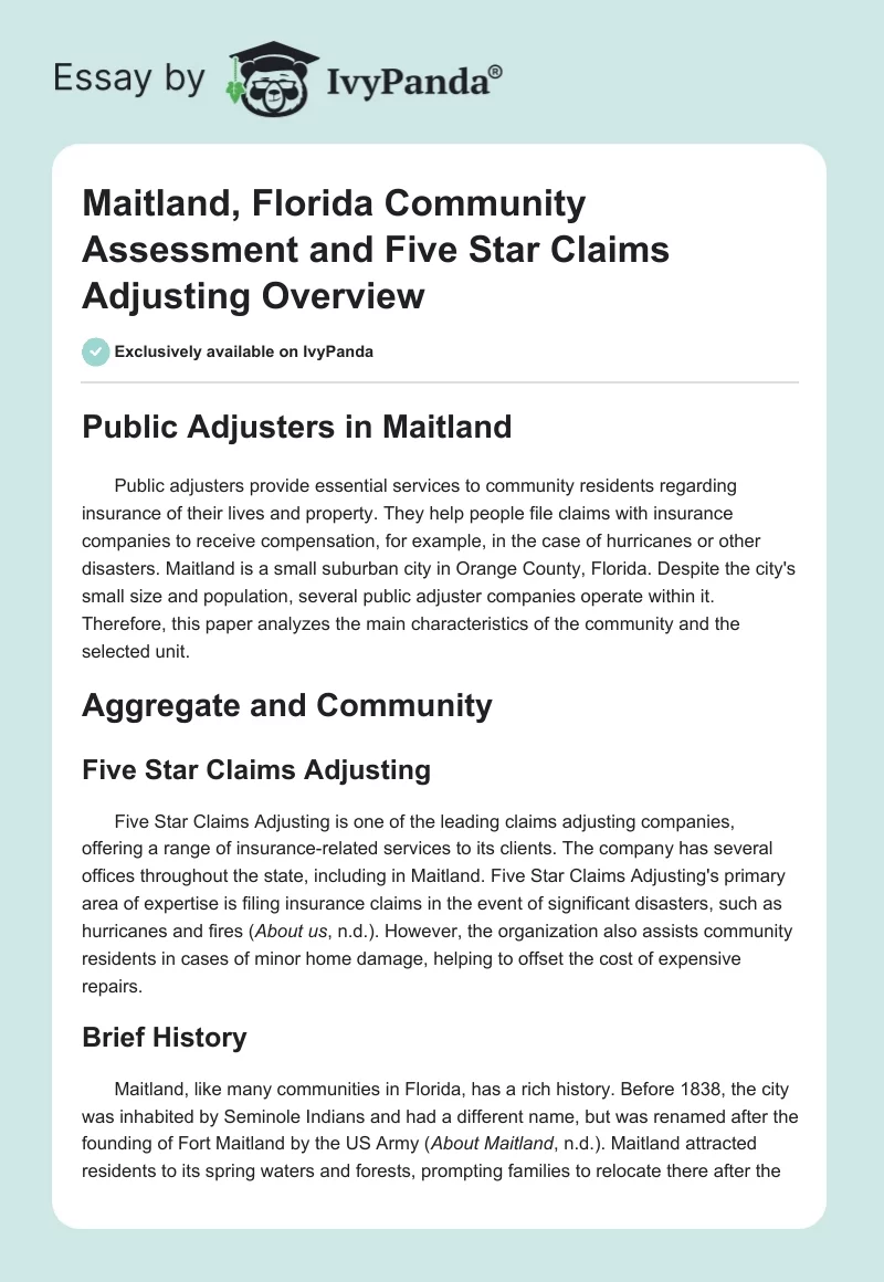 Maitland, Florida Community Assessment and Five Star Claims Adjusting Overview. Page 1