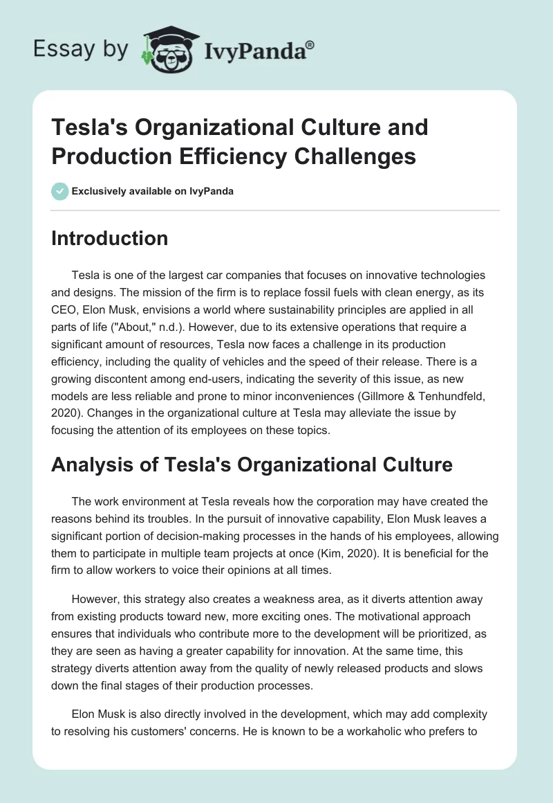Tesla's Organizational Culture and Production Efficiency Challenges. Page 1
